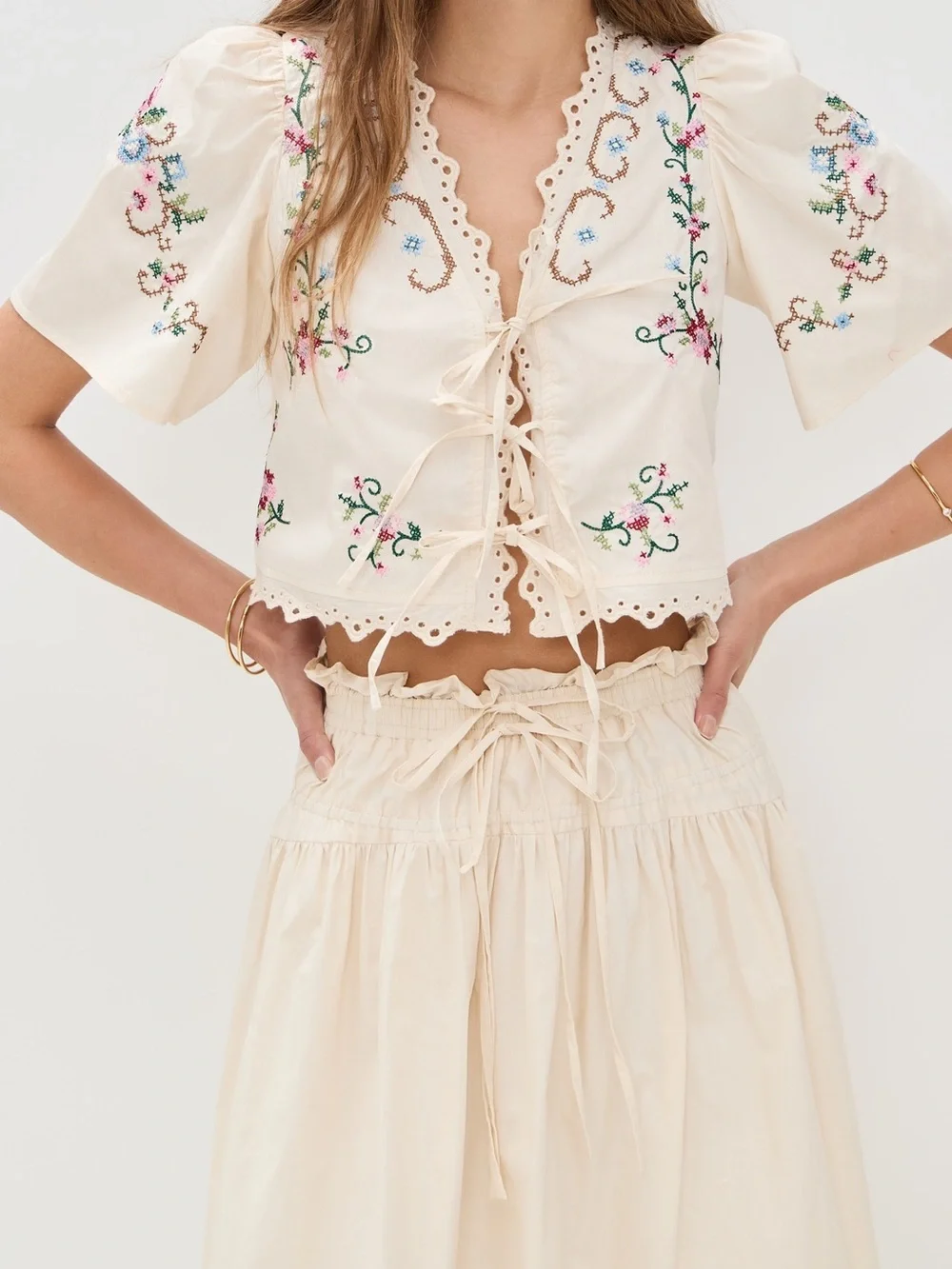 Moon River Ivory Eyelet Cross Stitch Midi Skirt & Top Two piece set womens small - Picture 4 of 7